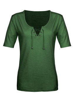 Tee-shirt kaki DAMOCLES4 col rond lacets coton femme