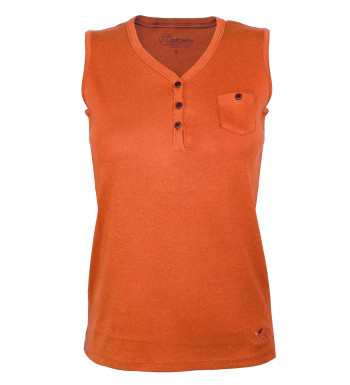 Débardeur orange coton femme – Col tunisien, boutons bois