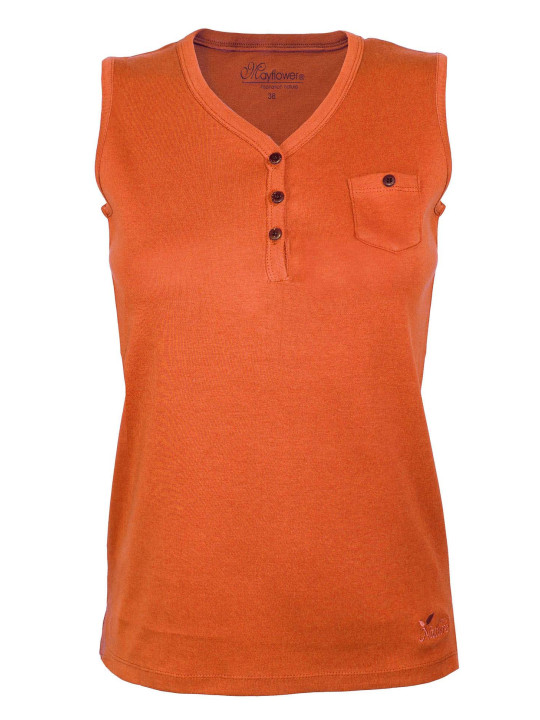 Débardeur orange coton femme – Col tunisien, boutons bois