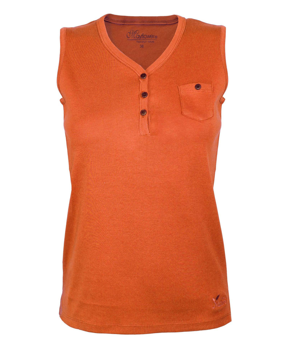 Débardeur orange coton femme – Col tunisien, boutons bois