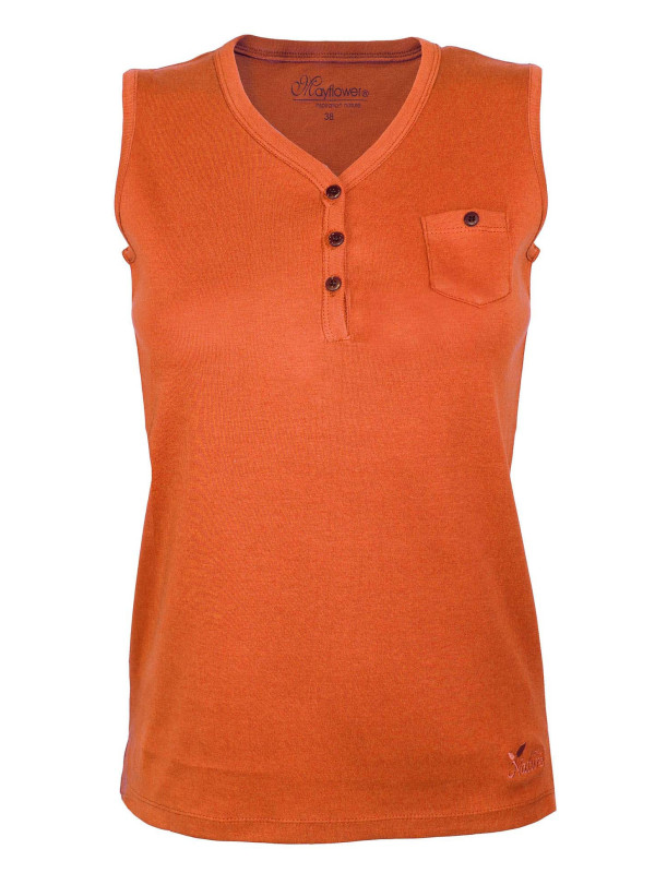 Débardeur orange coton femme – Col tunisien, boutons bois