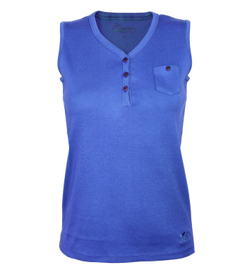 Débardeur lavande coton femme – Col tunisien, boutons bois