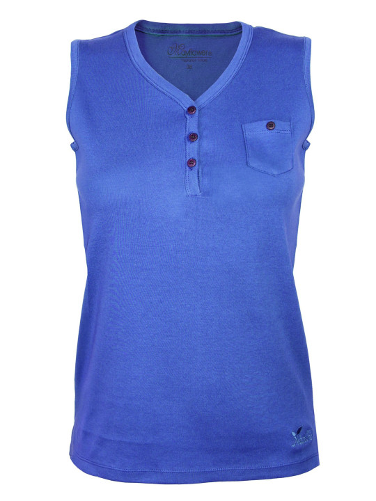 Débardeur lavande coton femme – Col tunisien, boutons bois