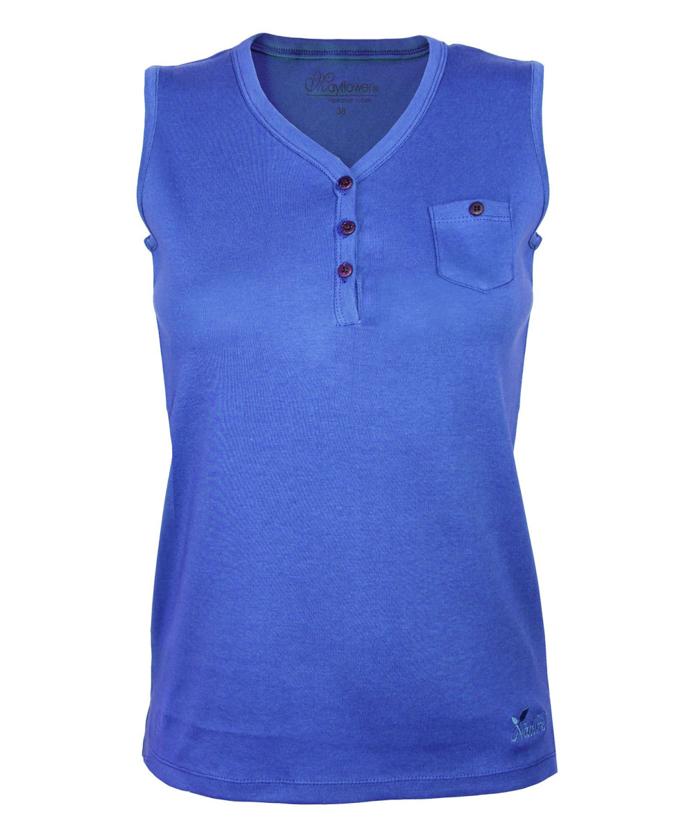 Débardeur lavande coton femme – Col tunisien, boutons bois