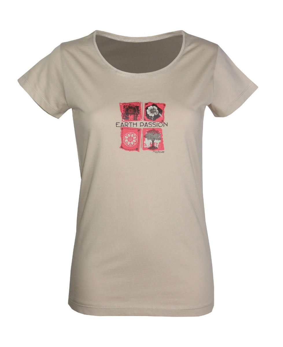 Tee-shirt col rond beige DATURA1 sérigraphie coton femme