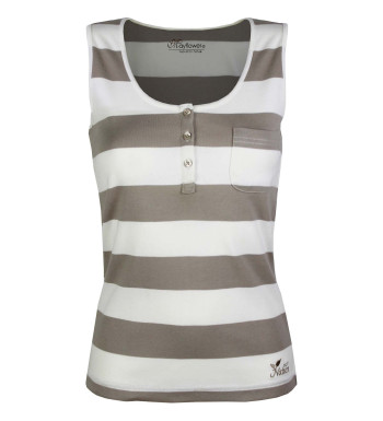 Débardeur beige femme coton – Col tunisien, rayures, poche