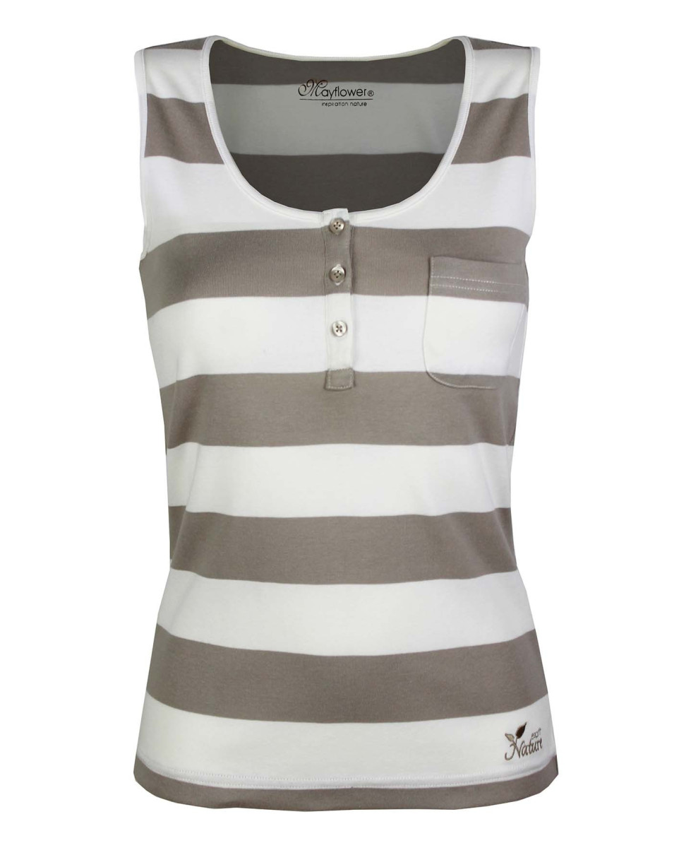 Débardeur beige femme coton – Col tunisien, rayures, poche