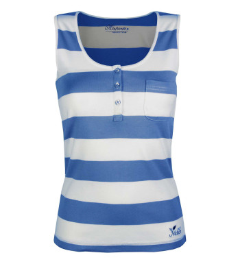 Débardeur bleu femme coton – Col tunisien, rayures, poche