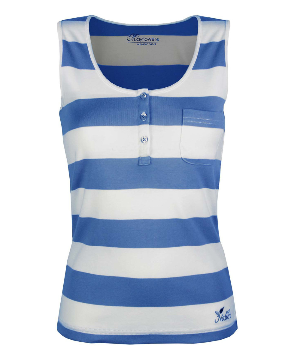 Débardeur bleu femme coton – Col tunisien, rayures, poche