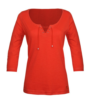 Tee-shirt orange DOUGLAS1 col lacets maille flammée femme