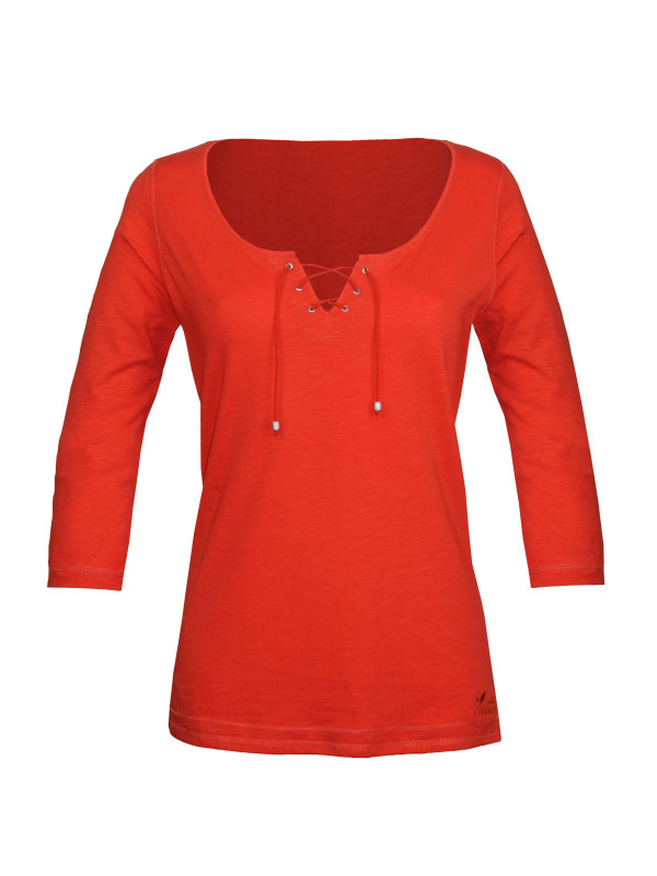 Tee-shirt orange DOUGLAS1 col lacets maille flammée femme