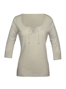 Tee-shirt beige DOUGLAS2 col lacets maille flammée femme