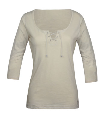 Tee-shirt beige DOUGLAS2 col lacets maille flammée femme