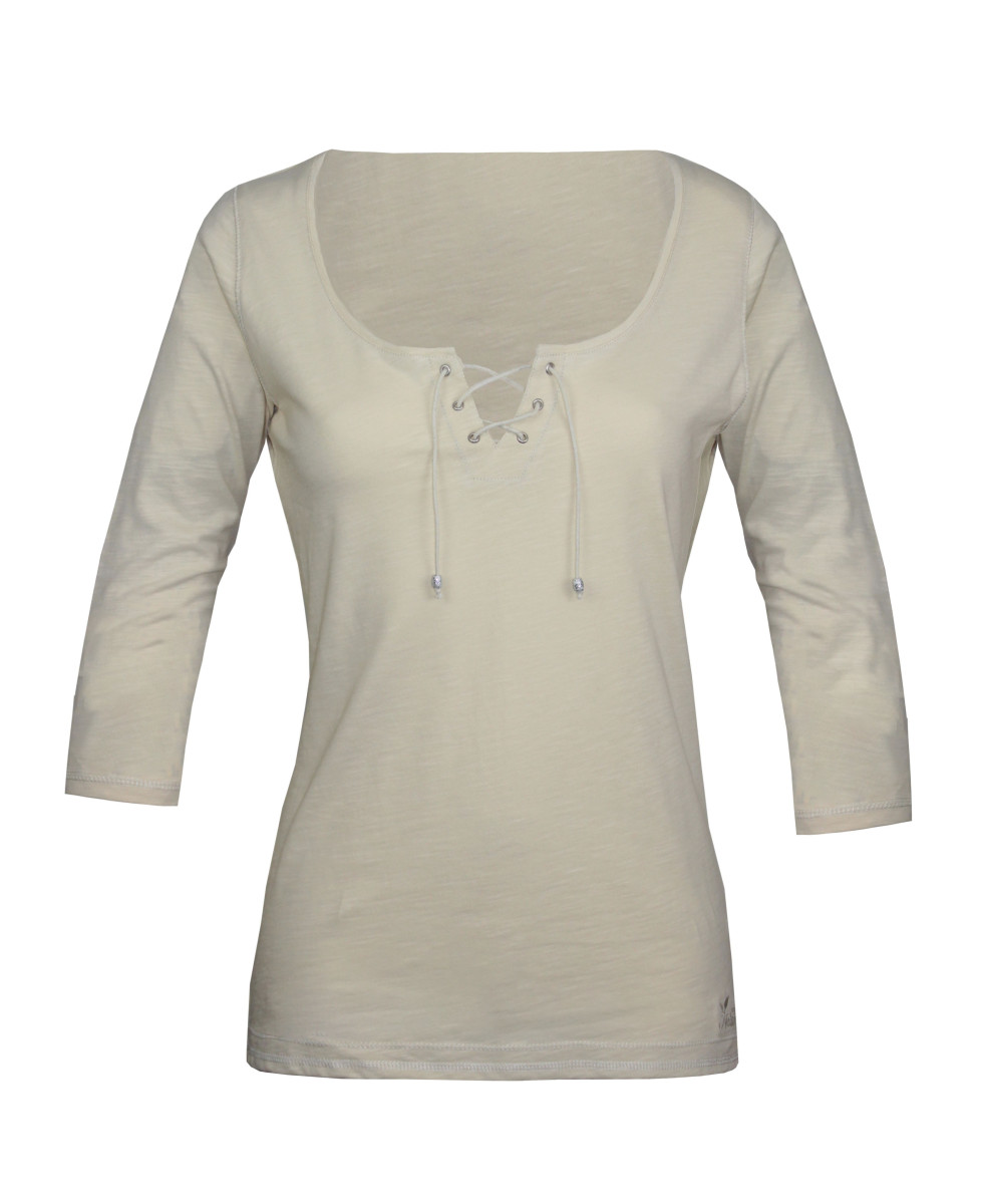 Tee-shirt beige DOUGLAS2 col lacets maille flammée femme