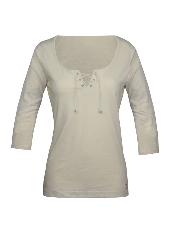 Tee-shirt beige DOUGLAS2 col lacets maille flammée femme