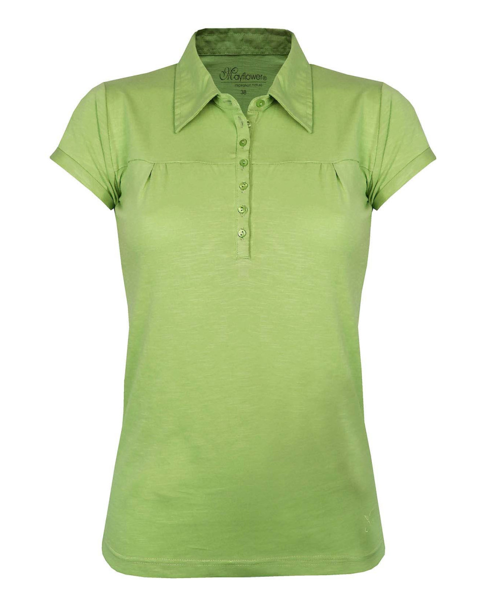 Polo femme vert coton – Col V, poche poitrine raffinée