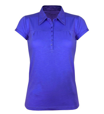 Polo femme indigo coton – Col V, poche poitrine mode