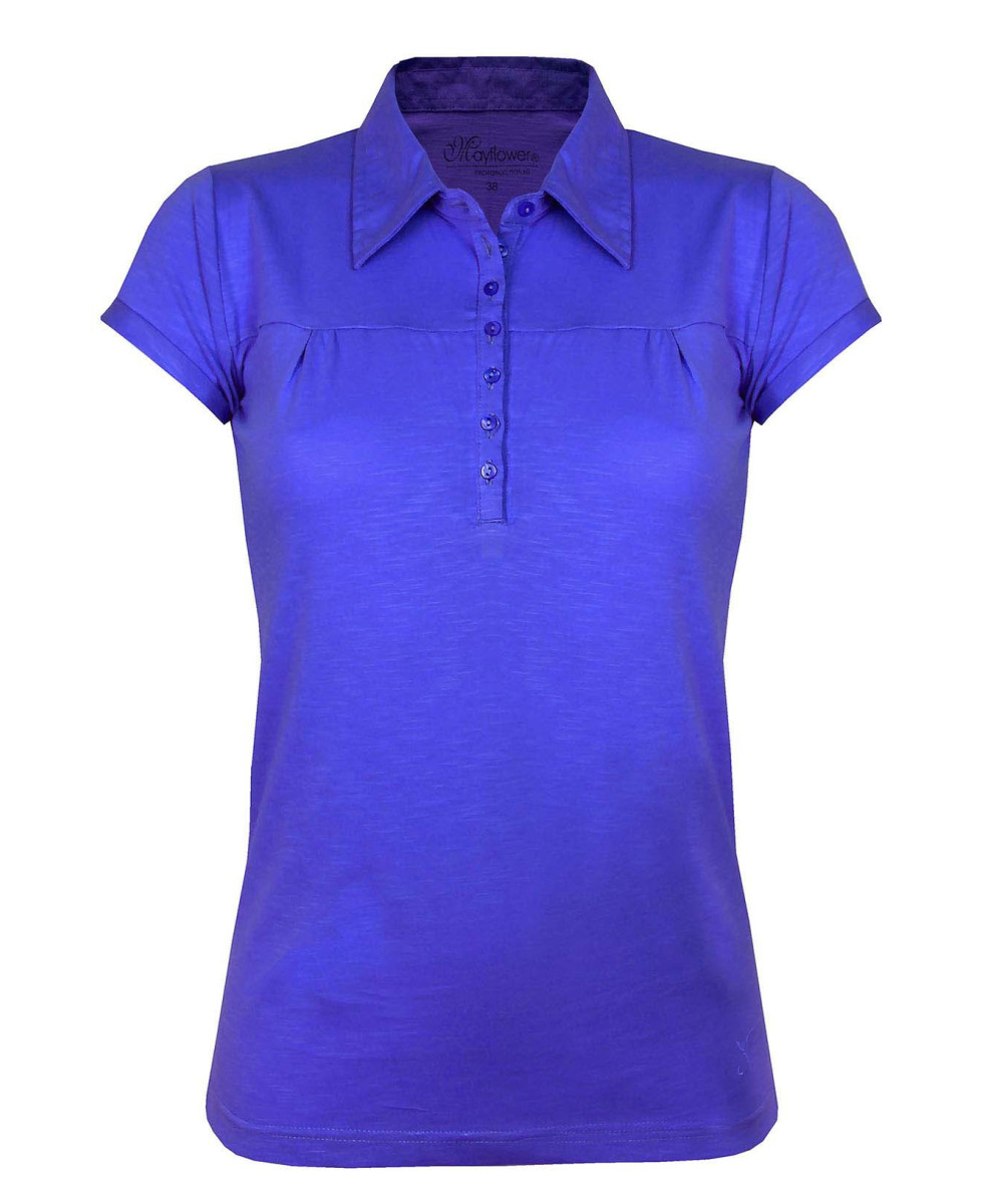 Polo femme indigo coton – Col V, poche poitrine mode