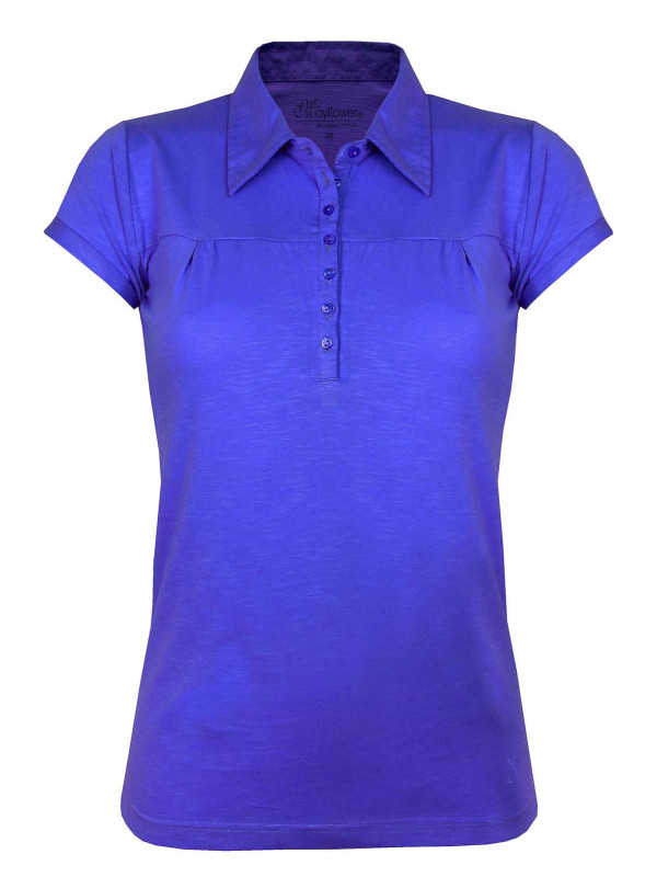Polo femme indigo coton – Col V, poche poitrine mode