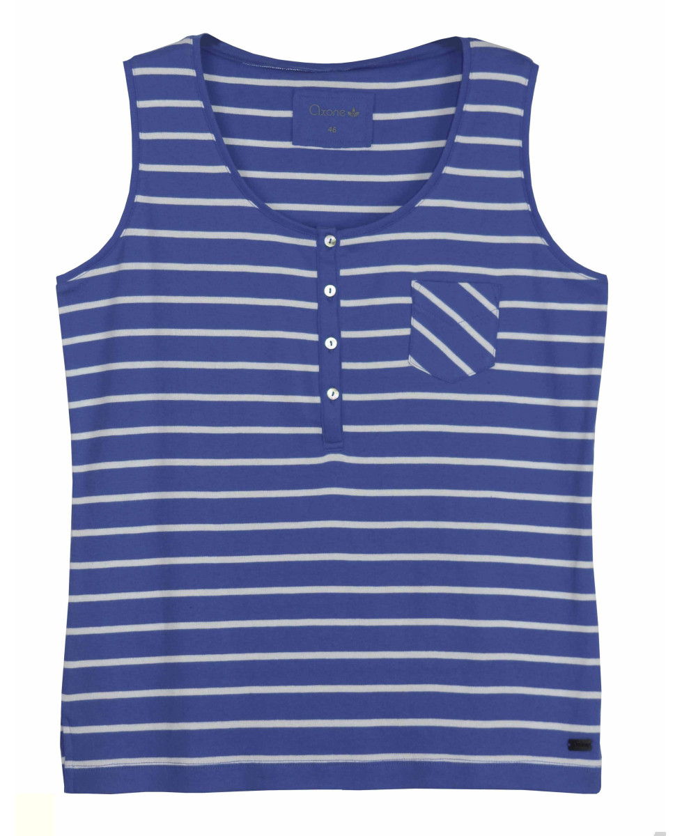 Débardeur blanc/marine femme coton – Boutons nacre, poche chic