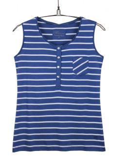 Débardeur femme rayé bleu coton – Poche et détails boutons