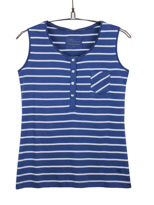 Débardeur femme rayé bleu coton – Poche et détails boutons
