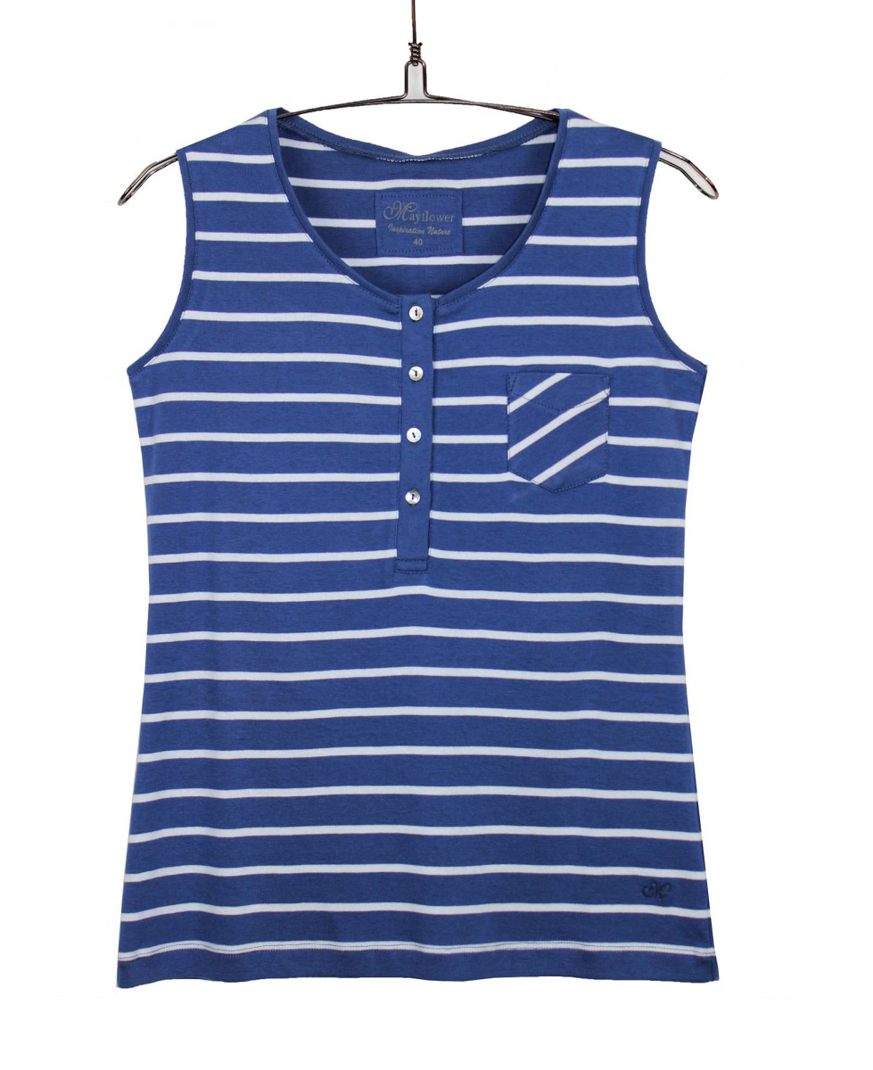 Débardeur femme rayé bleu coton – Poche et détails boutons
