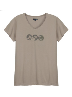 Tee-shirt beige GINNA1 col V sérigraphie coton femme