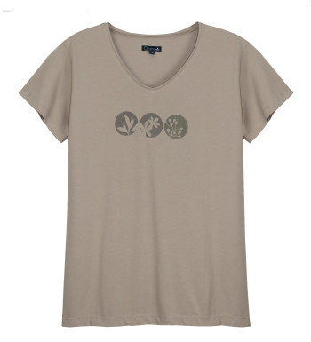 Tee-shirt beige GINNA1 col V sérigraphie coton femme