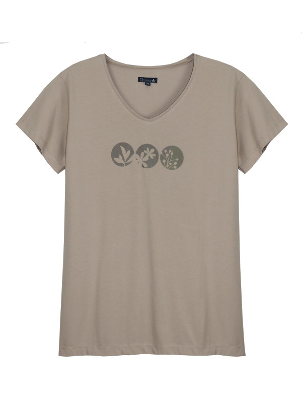 Tee-shirt beige GINNA1 col V sérigraphie coton femme