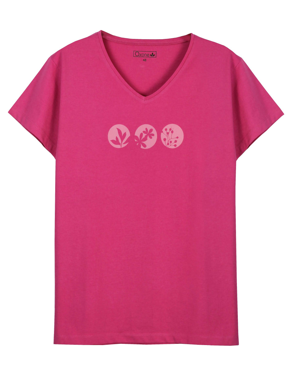 Tee-shirt rose GINNA2 col V sérigraphie coton femme