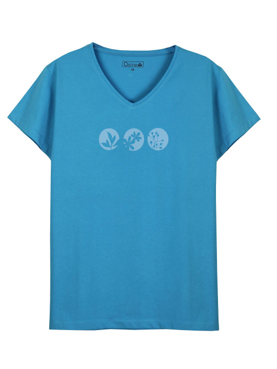 Tee-shirt bleu GINNA3 col V sérigraphie coton femme