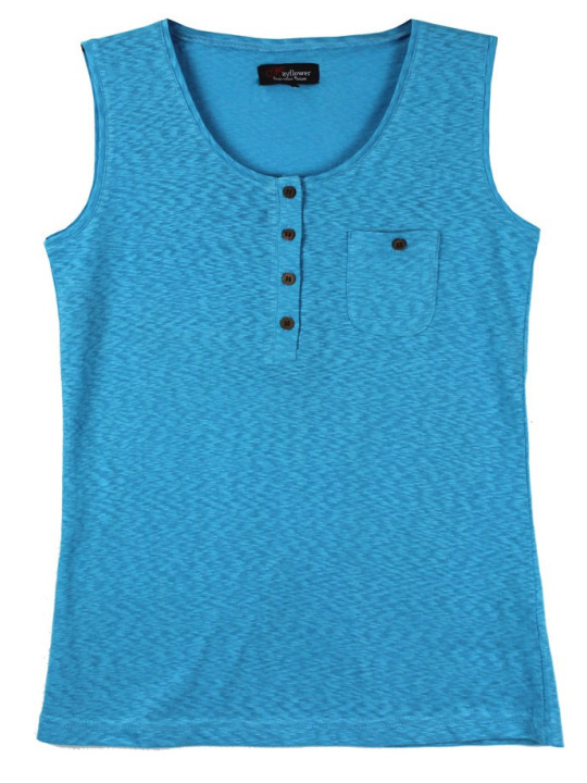 Débardeur bleu coton femme – Patte boutonnée, boutons coconut