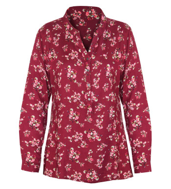 Chemisier fleuri rose/bordeaux – Col rond, viscose, manches retroussables