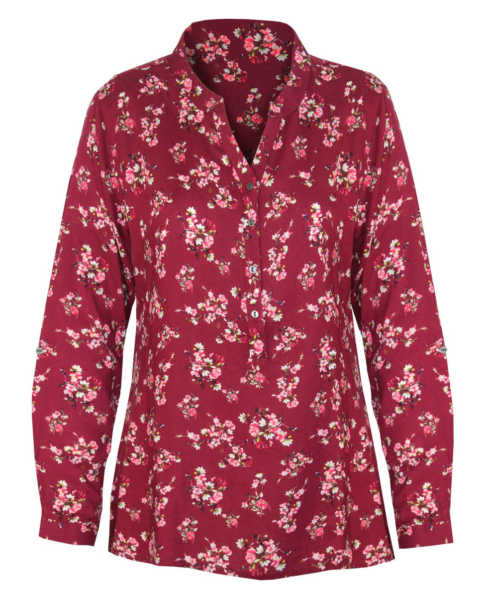 Chemisier fleuri rose/bordeaux – Col rond, viscose, manches retroussables