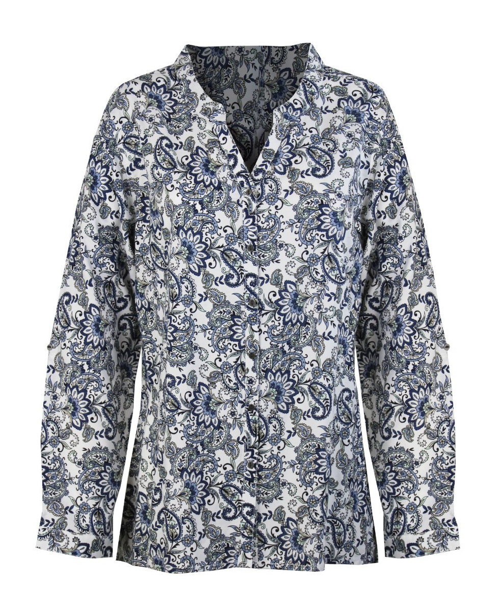 Chemisier imprimé bleu/noir femme – Viscose, col rond, boutons