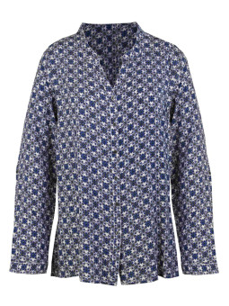 Chemisier imprimé bleu/noir femme – Viscose, col rond, manches longues