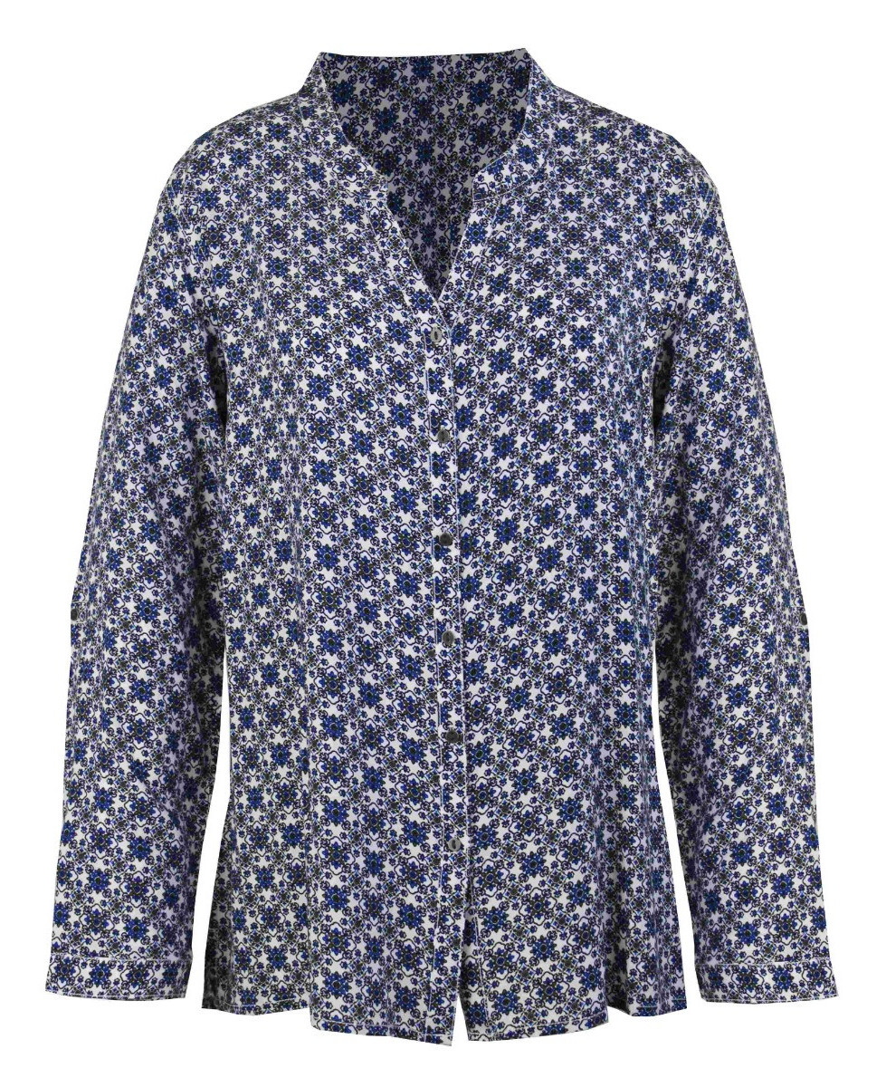 Chemisier imprimé bleu/noir femme – Viscose, col rond, manches longues