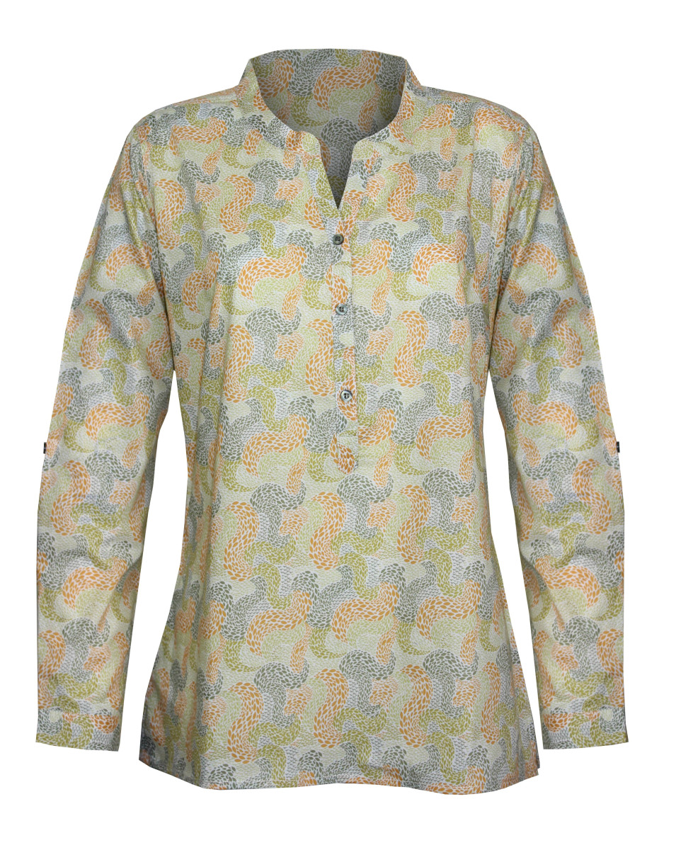 Chemisier coton motifs verts/jaunes – Col rond ouvert femme