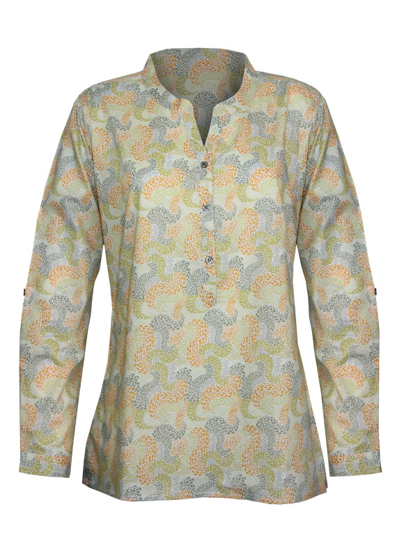 Chemisier coton motifs verts/jaunes – Col rond ouvert femme