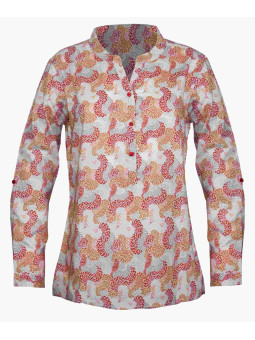 Chemisier coton taupe/orange – Motifs, col rond, manches retroussables