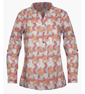 Chemisier coton taupe/orange – Motifs, col rond, manches retroussables