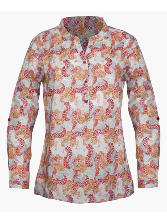 Chemisier coton taupe/orange – Motifs, col rond, manches retroussables