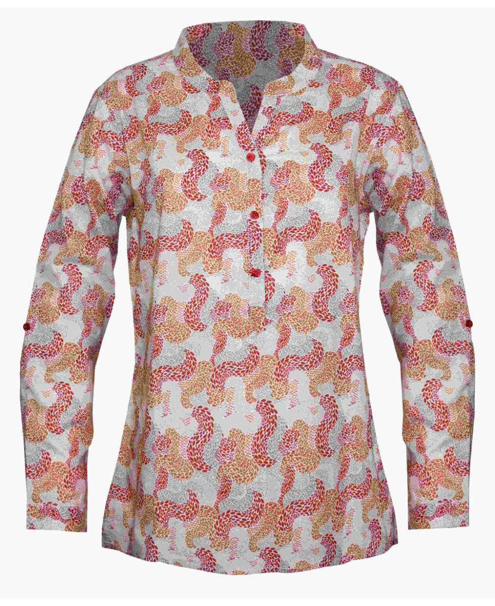 Chemisier coton taupe/orange – Motifs, col rond, manches retroussables