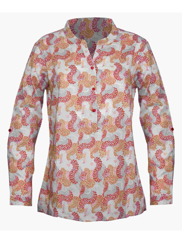 Chemisier coton taupe/orange – Motifs, col rond, manches retroussables