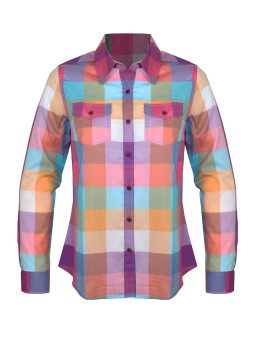 Chemisier bleu/mauve femme coton – Manches longues, poches, bois