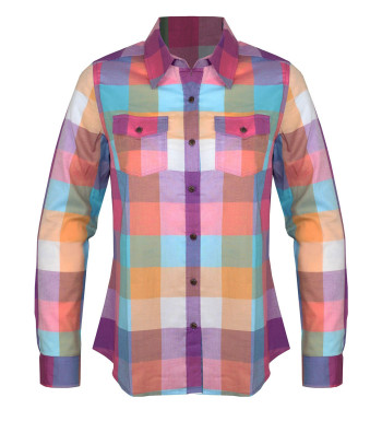 Chemisier bleu/mauve femme coton – Manches longues, poches, bois