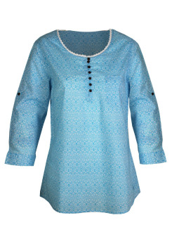 Chemisier coton bleu/blanc femme – Manches 3/4, motifs, col rond