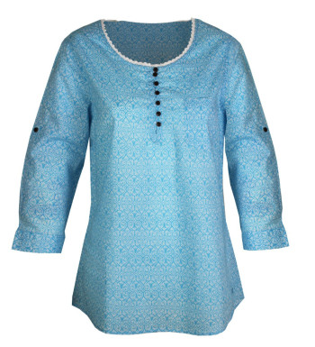 Chemisier coton bleu/blanc femme – Manches 3/4, motifs, col rond