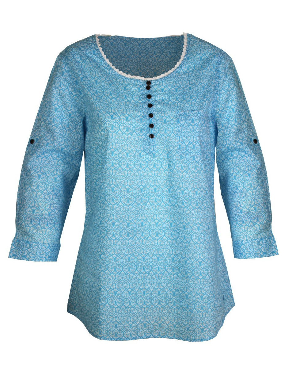 Chemisier coton bleu/blanc femme – Manches 3/4, motifs, col rond
